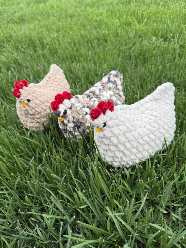 crochet chickens in a line